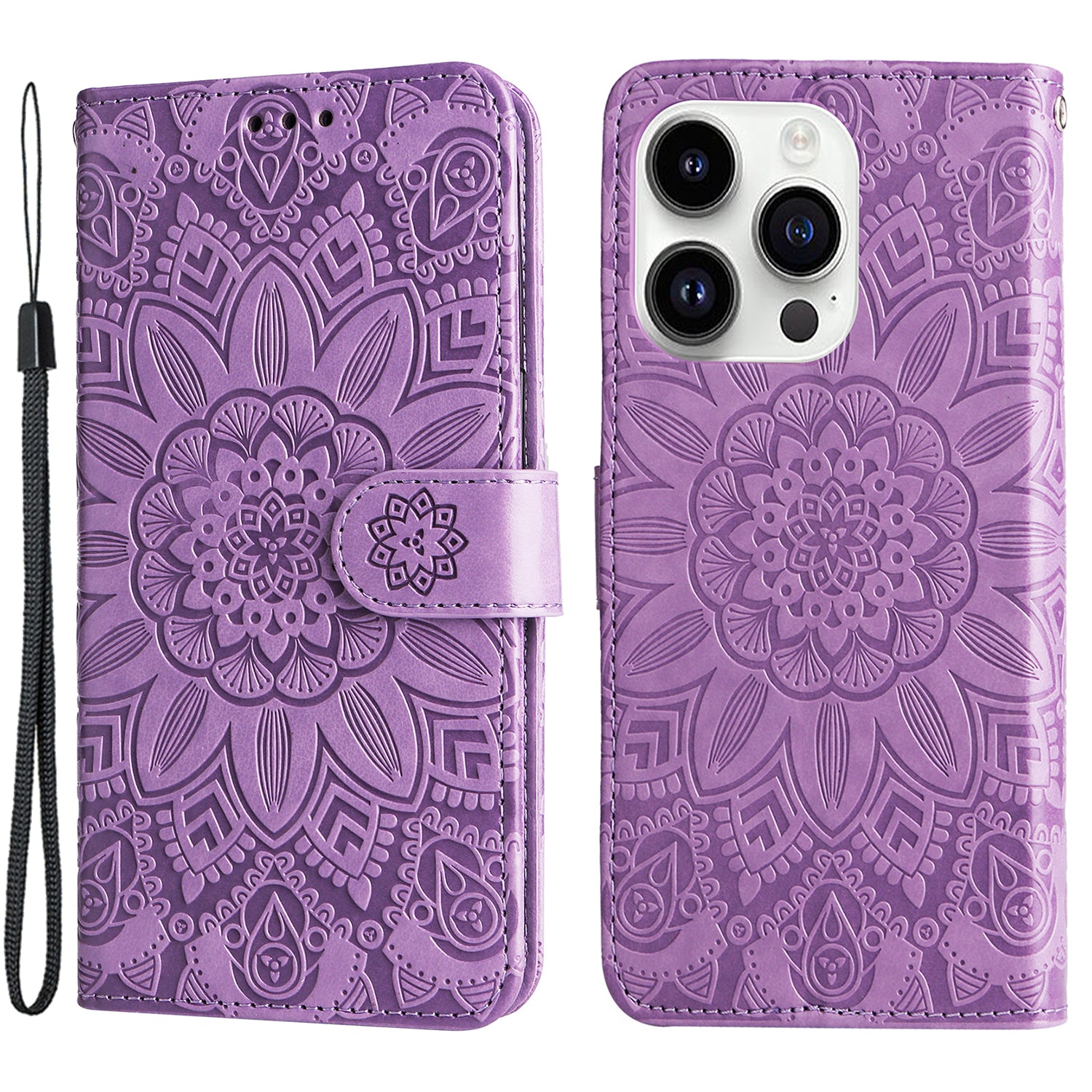 Uniqkart for iPhone 15 Pro Wallet Phone Case Shockproof Sunflower Imprinted Stand PU Leather Cover - Purple Uniqkart for iPhone 15 Pro Wallet Phone Case Shockproof Sunflower Imprinted Stand PU Leather Cover - Purple